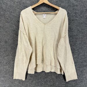 Auden. Sweater Pullover Women M Medium Beige Knit V-Neck Long Sleeve Cotton